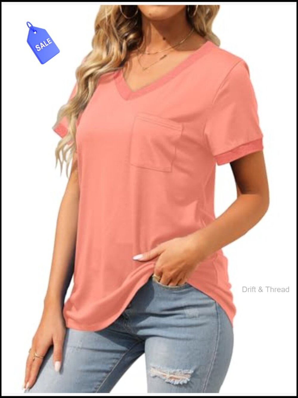 V-Neck Pocket Tee Loose Fit Short Sleeve Summer Top Stretchy Fabric - Picture 3 of 7